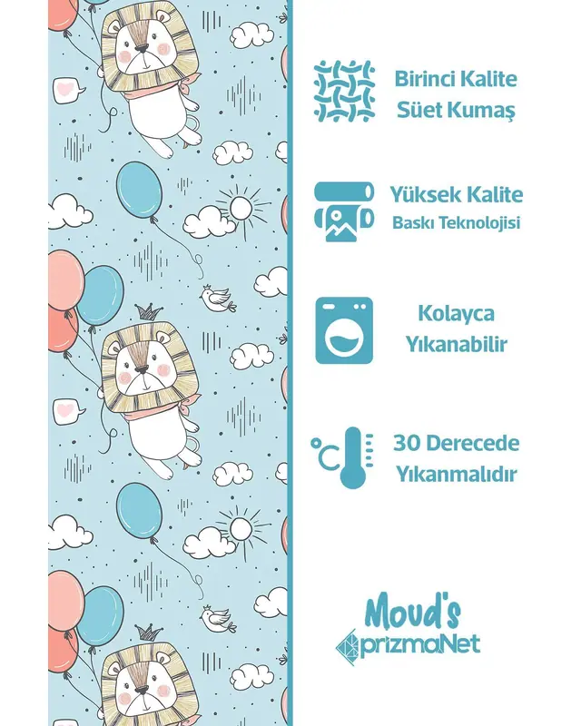 Mutlu Aslan Desenli Fon Perde Çocuk ve Bebek Odası Süet Dijital Baskılı Ekstrafor Büzgü TEK KANAT - 7