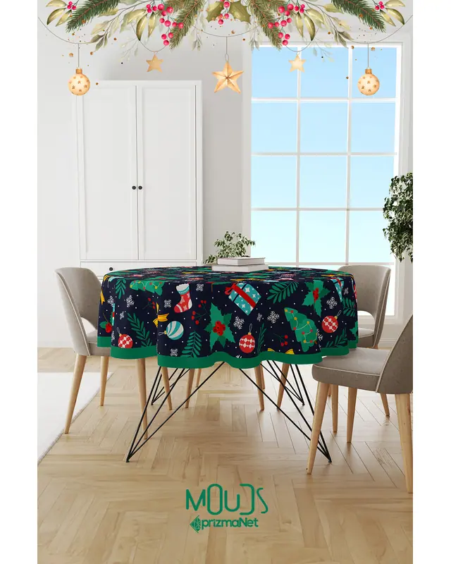 Navy Blue Christmas Rectangular Easy-Care Suede-Feel Tablecloth - MS-193 - 2