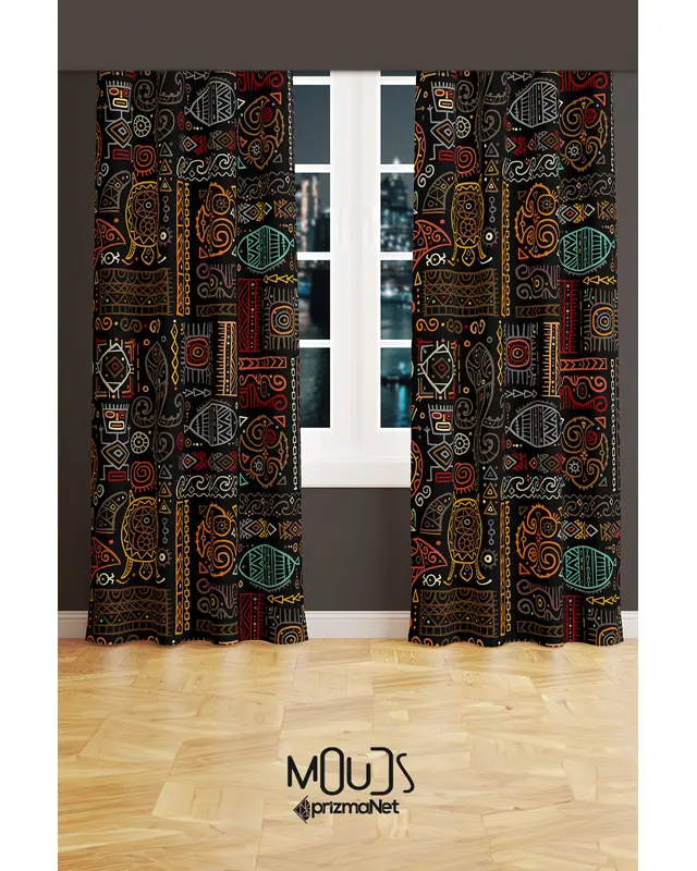 Hitit Figure 4 Desenli Süet Oturma Odası Salon Fon Perde Baskılı Ekstrafor Büzgü 2 Kanat PRD-1017 - 2