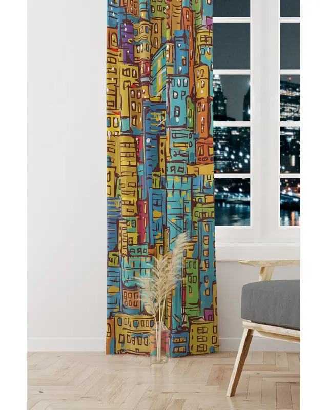 City Art Desenli Süet Oturma Odası Salon Fon Perde Baskılı Ekstrafor Büzgü TEK KANAT PRD-1092