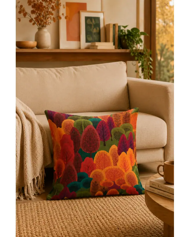 Double-Sided Printed Sonbahar Pattern Set of 3 Coordinated Suede Cushion Cover - 4