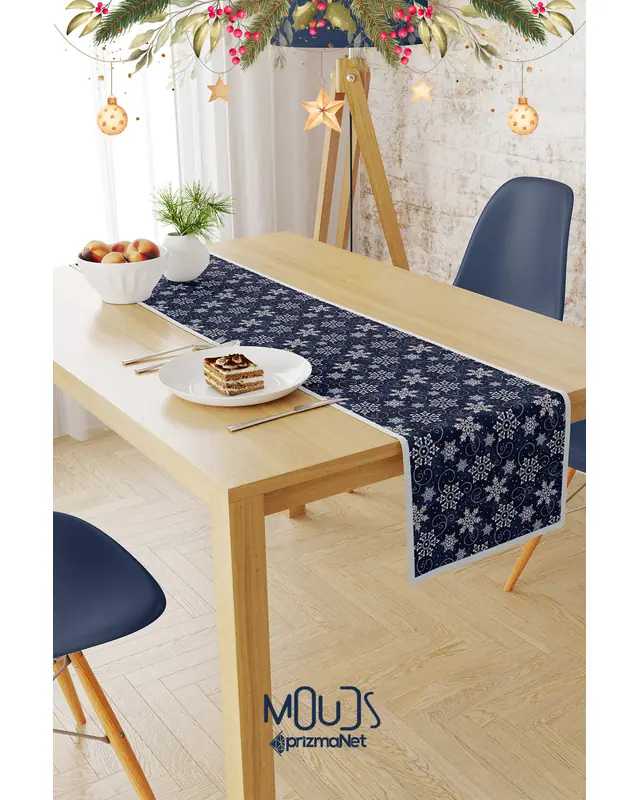 Navy Snowflakes Christmas Pattern Suede Table Runner - 2
