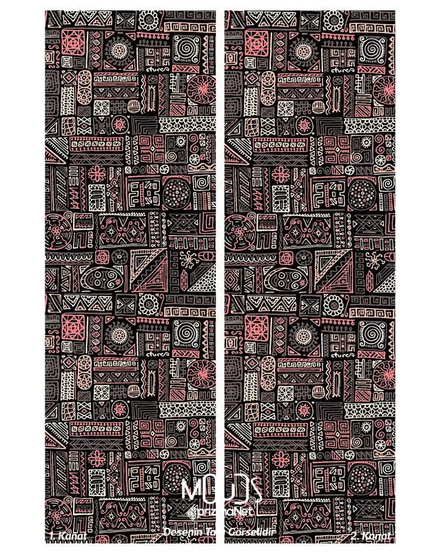 Hitit Figure Patterned Suede Living Room Decorative Curtain Printed Pencil Pleat Body - Set of 2 Panels - PRD-1013 - 4