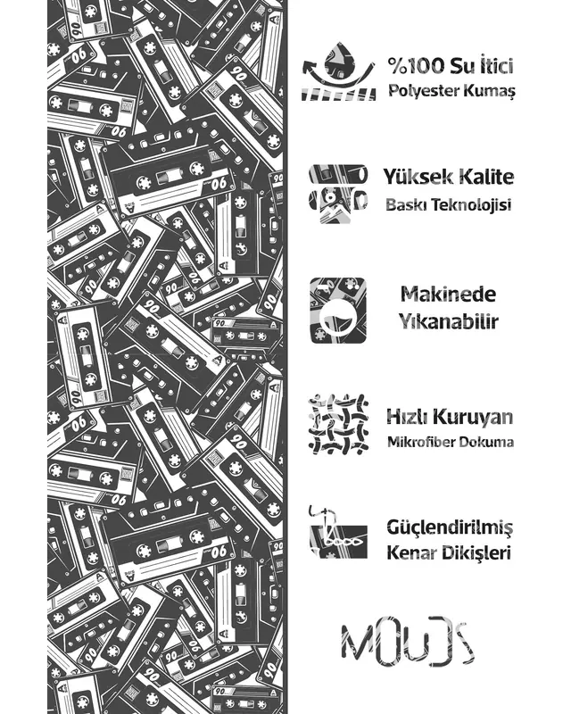 Shower Curtain, Black Cassette Patterned Shower Curtain, Bathtub Curtain, Rings Included 175x200cm - BP-59 - 2
