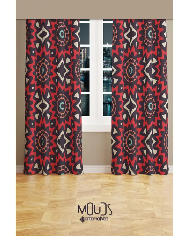 Mix 6 Desenli Süet Oturma Odası Salon Fon Perde Dijital Baskılı Ekstrafor Büzgü 2 Kanat PRD-1009 - 2
