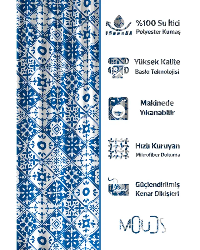 Banyo Perdesi, Türkiye Etnik Desenli Duş Perdesi, Küvet Perdesi, Halka Hediyeli 175x200cm BP-100 - 2