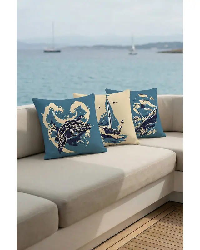 Set of 3 Sea Pattern Cushion Cover Water-Resistant Wipe-Clean Digitally Printed Boat and Yacht Decor SET04 - 2