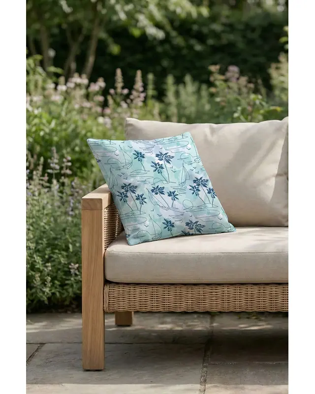 Blue Palm Trees Pattern Cushion Cover Water-Resistant Wipe-Clean Digitally Printed Garden Decor