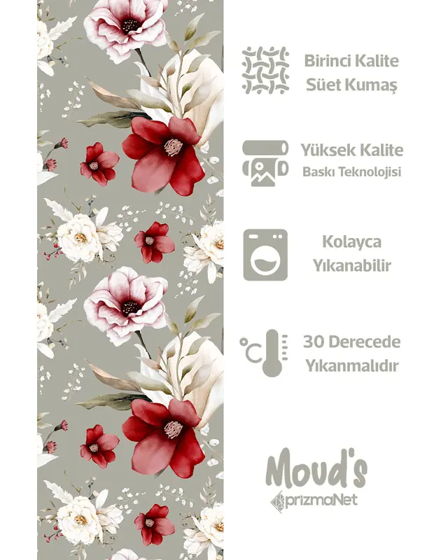 Kırmızı Yeşil Çiçek Desenli Süet Dertsiz Masa Örtüsü - 2