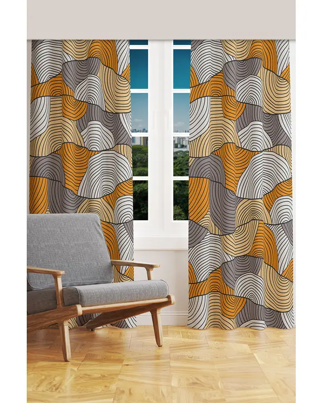 Orange Grey Line Patterned Suede Living Room Salon Decorative Curtain Printed Pencil Pleat Body - Set of 2 Panels - PRD-1062 - 2