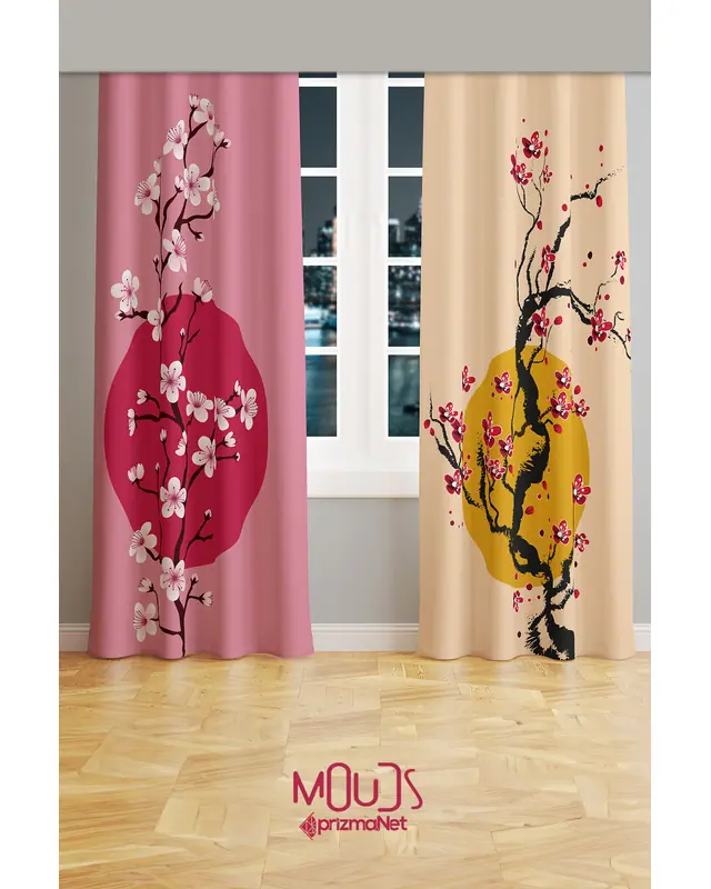 Blossom Japan 1 Desenli Süet Oturma Odası Salon Fon Perde Baskılı Ekstrafor Büzgü 2 Kanat PRD-1106
