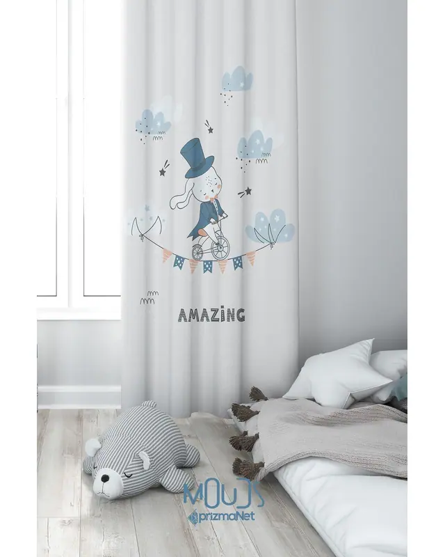 Hokkabaz Dogcik Patterned Decorative Curtain Kids' and Baby Room Printed Suede Pencil Pleat - Single Panel - PRD-22-TK - 2
