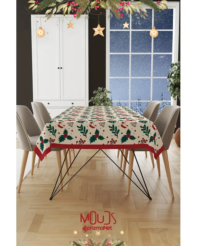 Cream Kokina Flower Christmas Rectangular Easy-Care Suede-Feel Tablecloth - MS-277 - 2