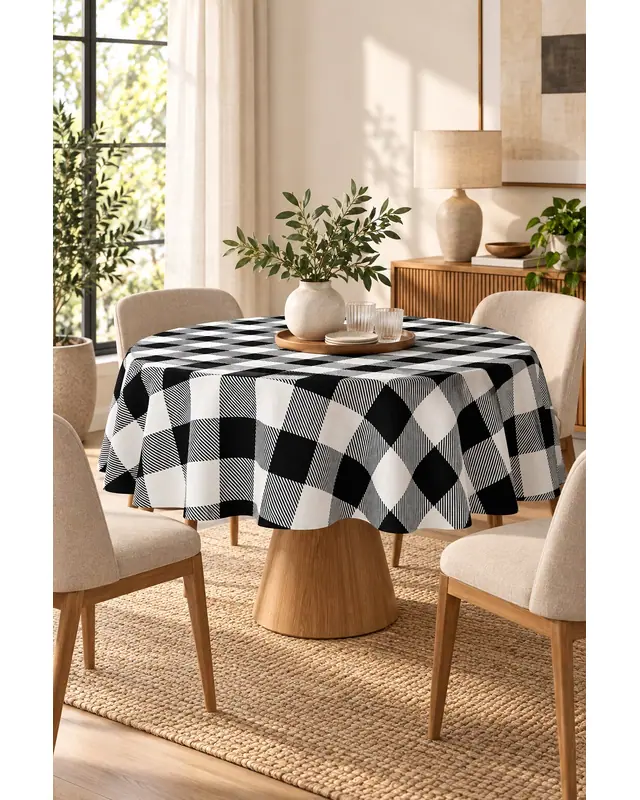 Black Gingham Round Easy-Care Suede-Feel Tablecloth - MSY-3000-SYH