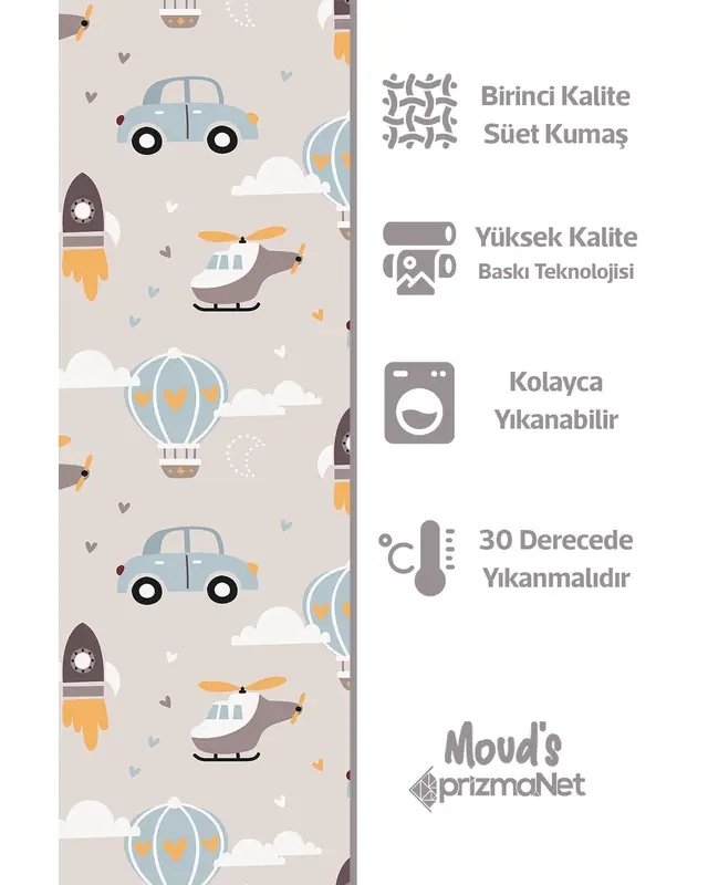 Car and Helicopter Patterned Decorative Curtain Kids' and Baby Room Printed Suede Pencil Pleat - Single Panel - PRD-03-TK - 6