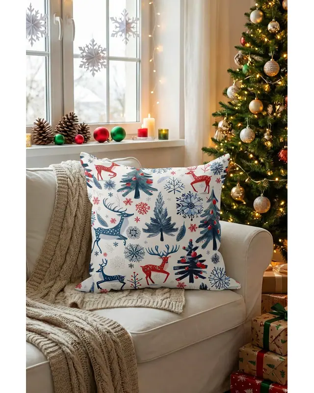 Blue Christmas Tree and Deer Pattern Cushion Cover Double-Sided Printed Decorative Pillow Cover PL1143