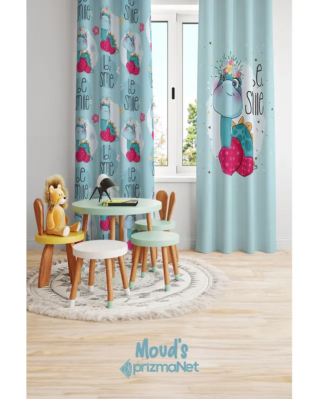 Minik Dinosaur Patterned Printed Kids' and Baby Room Decorative Curtain - Set of 2 Panels - PRD-09 - 2