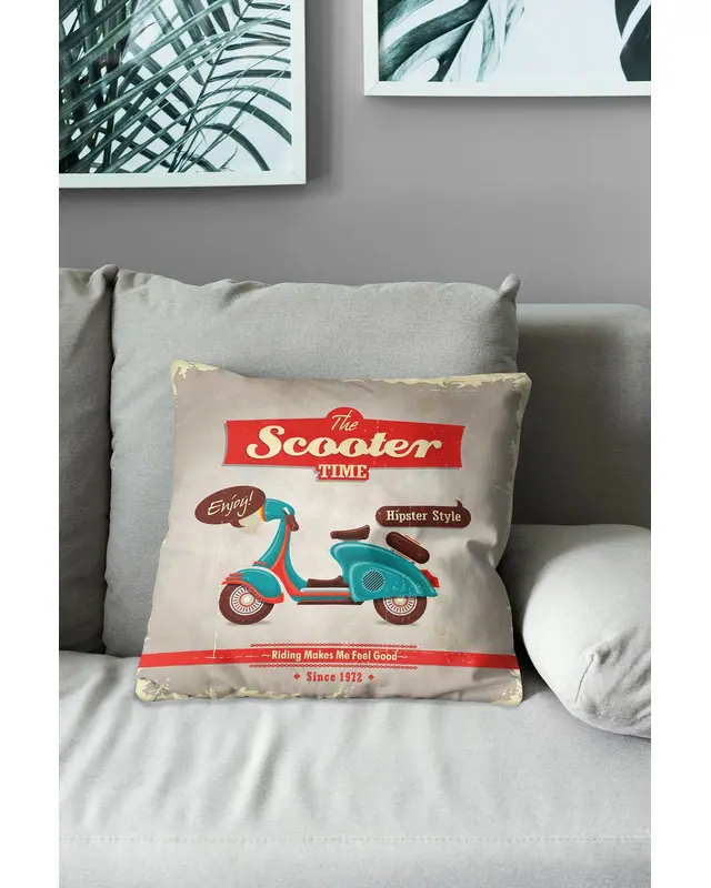 Çift Tarafı Baskılı Scooter Desenli Süet Kırlent Kılıfı - 3