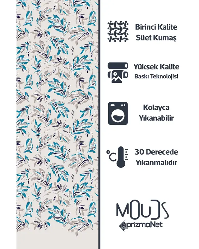 Blue Floral Patterned Suede Living Room Decorative Curtain Printed Pencil Pleat - Single Panel - PRD-1055-TK - 5