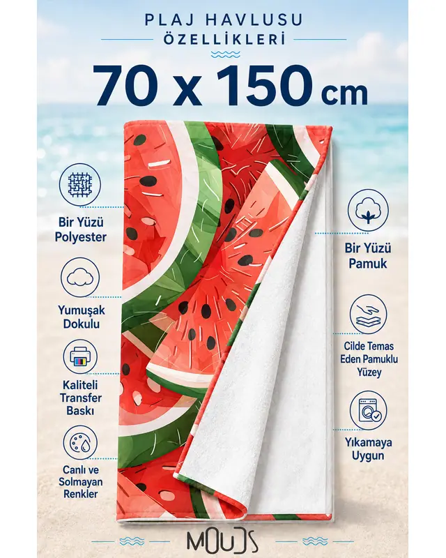 Dijital Baskılı 70x150cm Karpuz Desenli Plaj Havlusu - Banyo Havlusu - Deniz Havlusu - 2