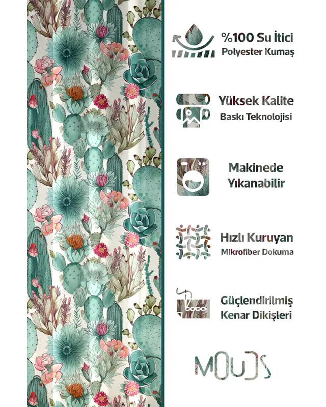 Shower Curtain, Floral Cactus Patterned Shower Curtain, Bathtub Curtain, Rings Included 175x200cm - BP-88 - 2