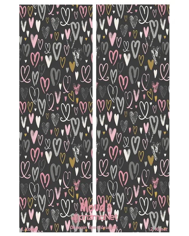 Gray Hearts Patterned Printed Kids' and Baby Room Decorative Curtain - Set of 2 Panels - PRD-34 - 3
