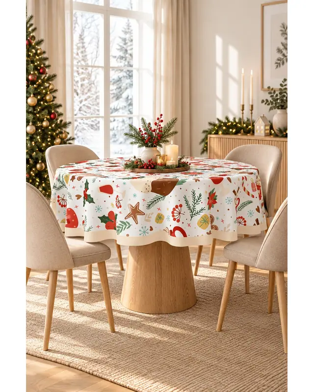 Christmas Cake Round Easy-Care Suede-Feel Tablecloth - MSY-200