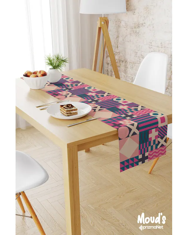 Geometrik 2 Desenli Baskılı Süet Runner Masa Örtüsü