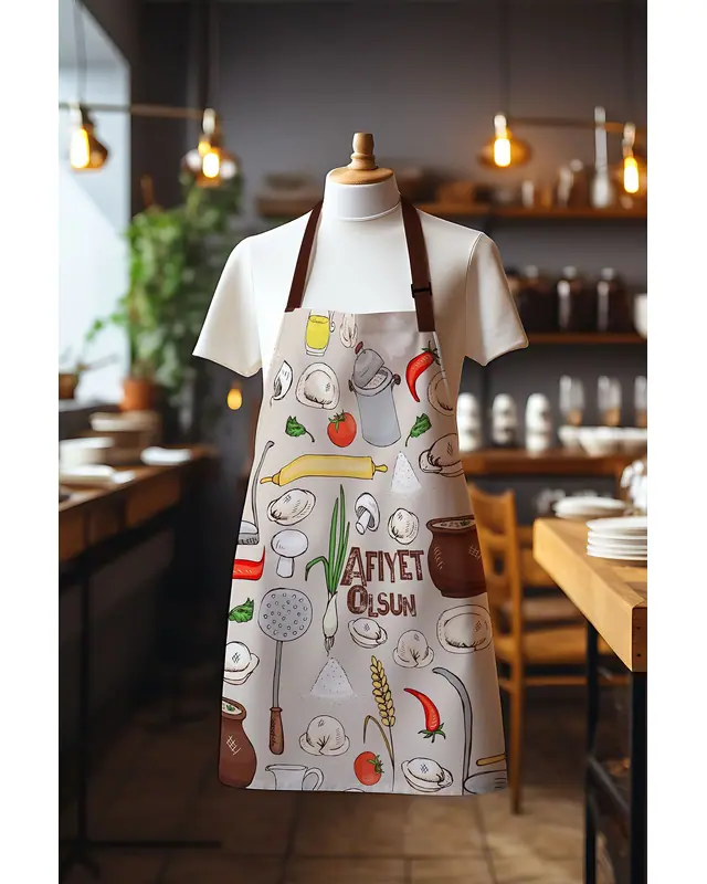 Süet Dokulu Kumaş Bej Afiyet Olsun Desenli Mutfak Önlüğü, Aşçı Önlüğü, Garson Önlüğü, Restoran Önlük