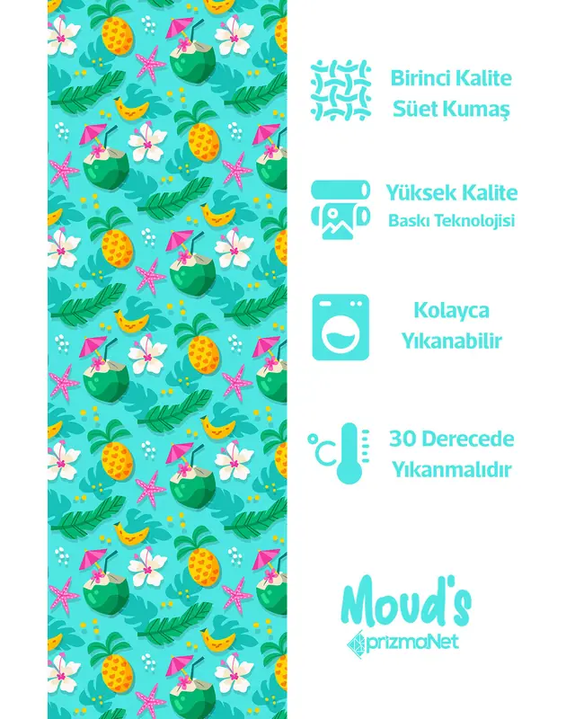 Turkuaz Ananas Ve Hindistan Cevizi Desenli Yuvarlak Süet Dertsiz Masa Örtüsü - 2