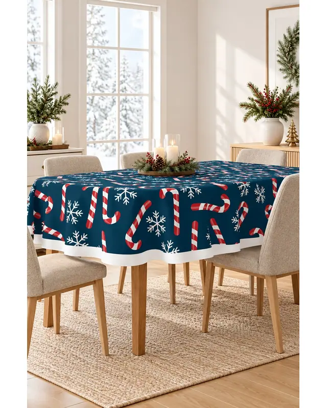 Blue Christmas Candy Cane Rectangular Easy-Care Suede-Feel Tablecloth - MS-204