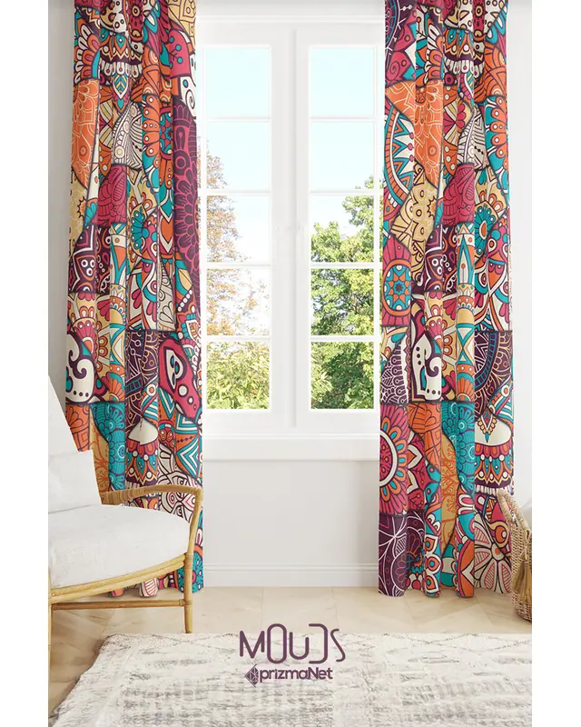 Mandala Ethnic Patterned Suede Living Room Decorative Curtain Printed Pencil Pleat Offense - Set of 2 Panels - PRD-1100