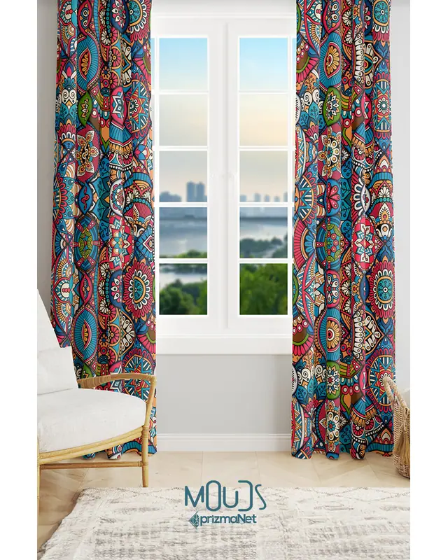 Anatolia 10 Patterned Suede Living Room Decorative Curtain Printed Pencil Pleat Body - Set of 2 Panels - PRD-1101