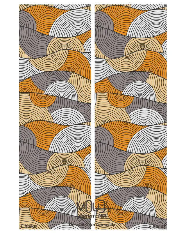 Orange Grey Line Patterned Suede Living Room Salon Decorative Curtain Printed Pencil Pleat Body - Set of 2 Panels - PRD-1062 - 3