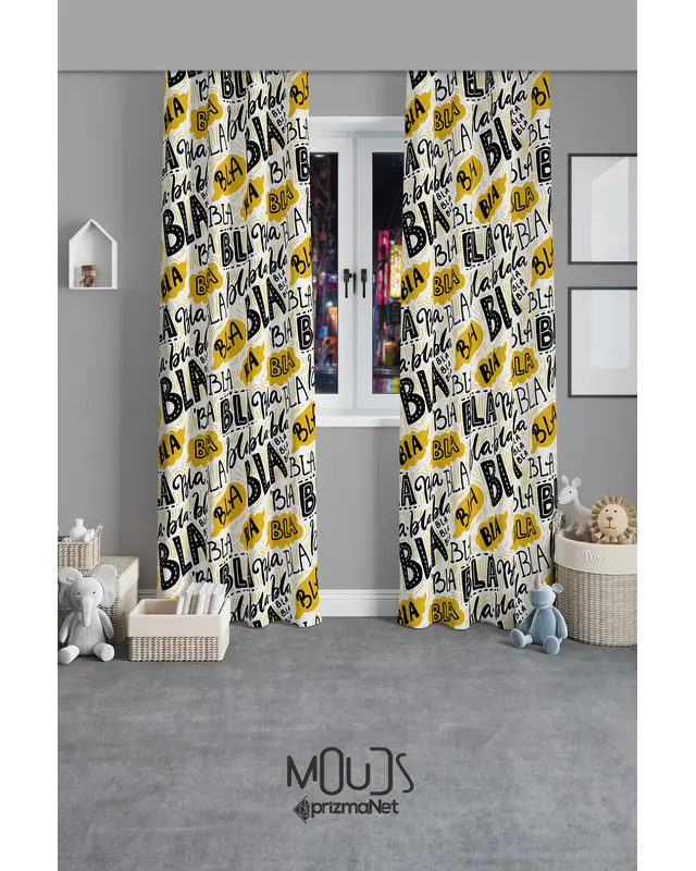 Bla Bee Patterned Fondle Teen Room Living Room Printed Suede Pencil Pleat - Set of 2 Panels - PRD-2024 - 2