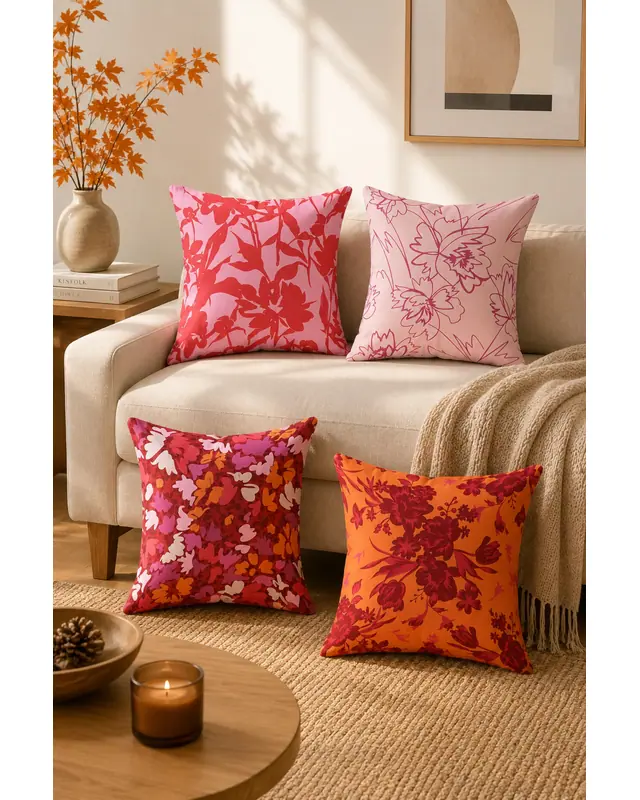 Double-Sided Printed Burgundy Pattern Set of 4 Coordinated Suede Cushion Cover - 4