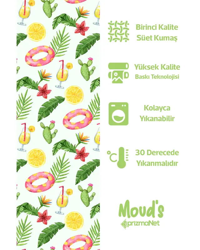 Yeşil Kaktüs ve Limonata Desenli Baskılı Süet Runner Masa Örtüsü - 2