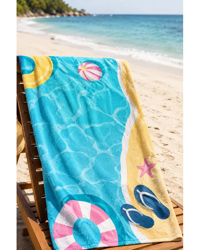 Dijital Baskılı 70x150cm Mavi Tatil Desenli Plaj Havlusu - Banyo Havlusu - Deniz Havlusu - 3
