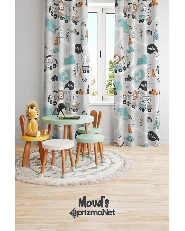 Toy Train Patterned Printed Kids' and Baby Room Decorative Curtain - Set of 2 Panels - PRD-10 - 2