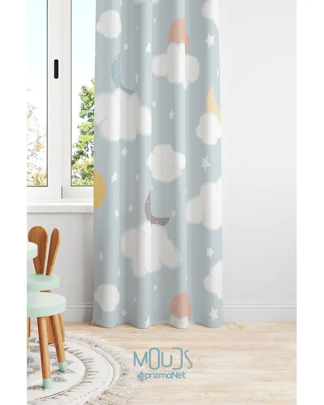 Moon and Cloud Patterned Decorative Curtain Kids' and Baby Room Digital Printed Suede Pencil Pleat Off-Bridge - Single Panel - PRD-21-TK - 2