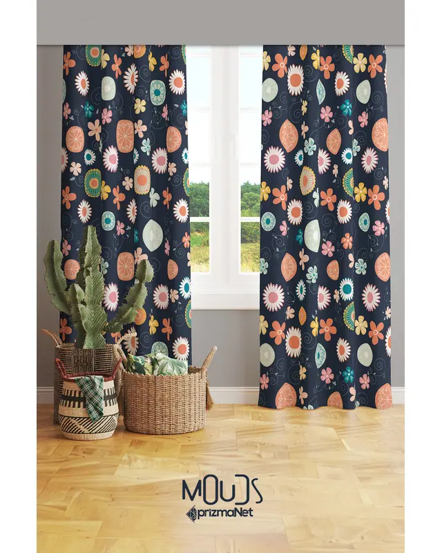 Navy Floral Patterned Suede Living Room Decorative Curtain Printed Pencil Pleat - Set of 2 Panels - PRD-1021 - 2