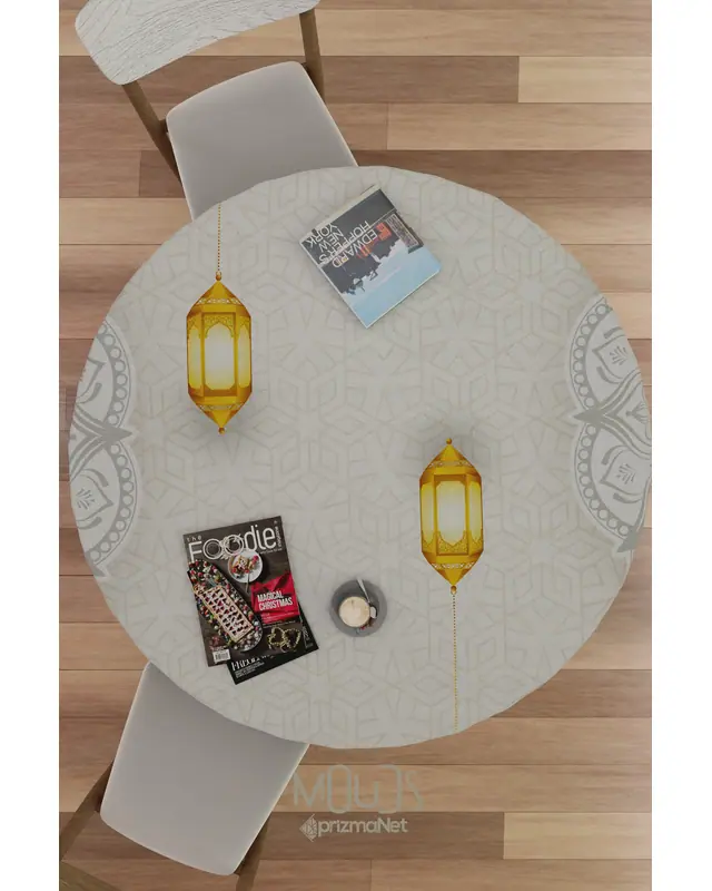 Ramazan Beyaz Lamba Desenli Süet Kumaş Dertsiz Yuvarlak Masa Örtüsü Ramadan - 3