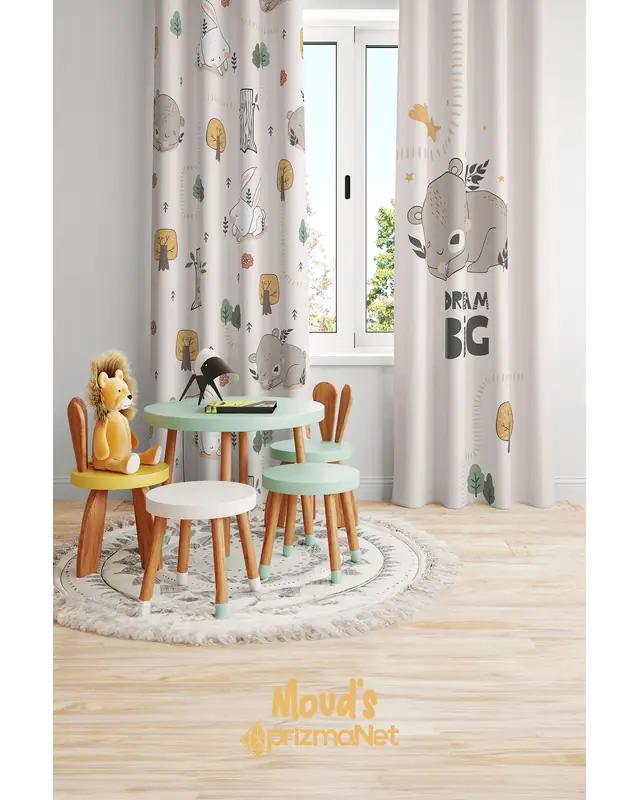 Rabbit and Beard-2 Patterned Printed Kids' and Baby Room Decorative Curtain - Set of 2 Panels - PRD-04-2 - 2