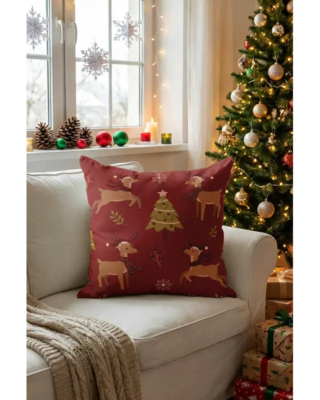 Red Christmas Geyikleri Pattern Cushion Cover Double-Sided Printed Decorative Pillow Cover PL1144