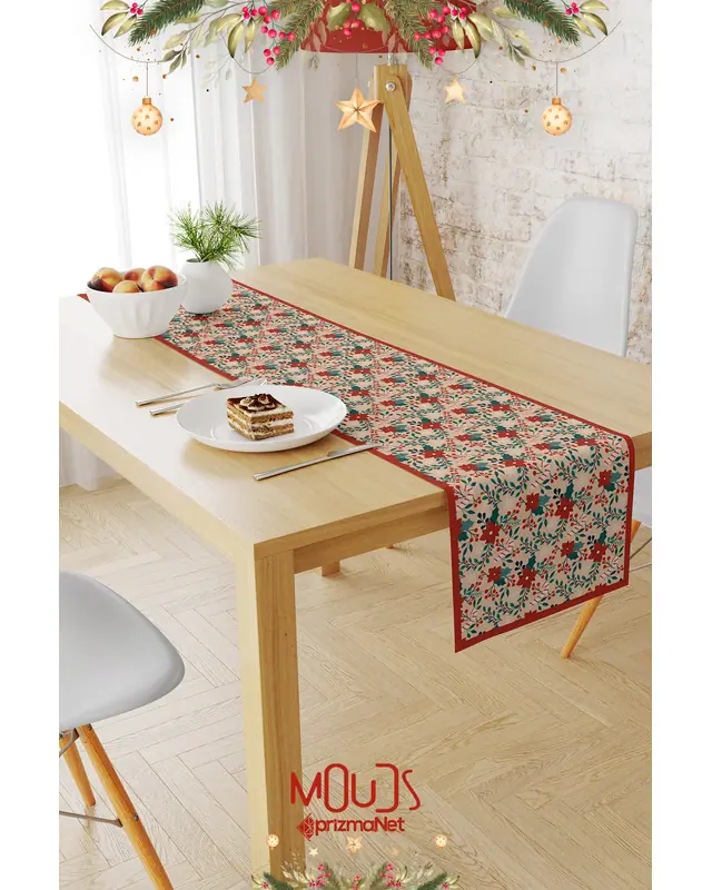 Kokina Çiçeği Christmas Pattern Table Runner Easy-Care Suede Textured Fabric New Year - 2