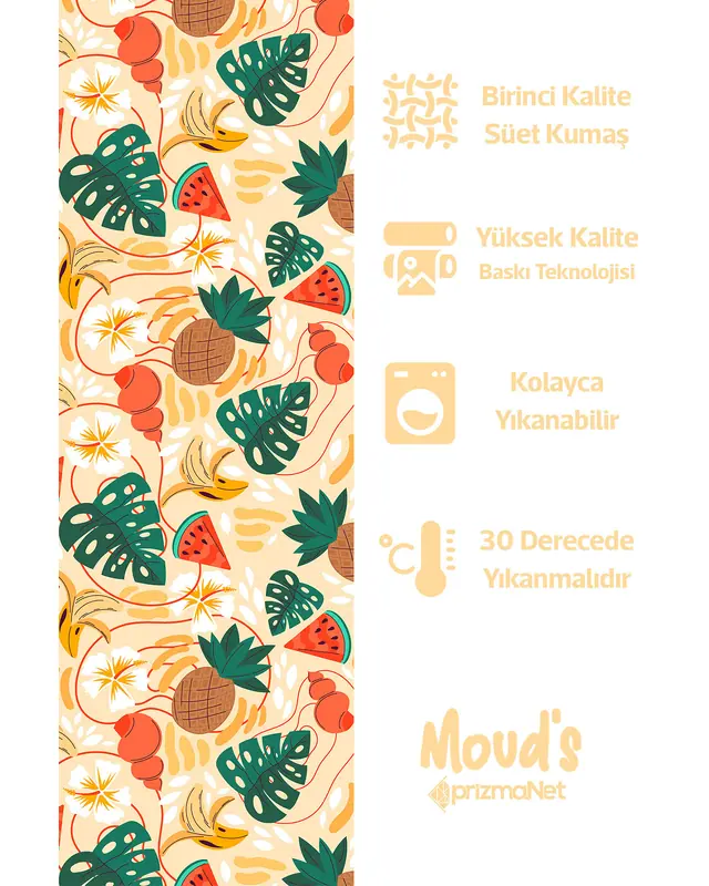Sarı Ananas Karpuz Muz Desenli Yuvarlak Süet Dertsiz Masa Örtüsü - 2