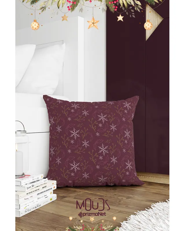 Double-Sided Printed Set of 4 Burgundy Snowflakes Christmas Pattern Cushion Cover New Year - PL1136-4LÜ - 4