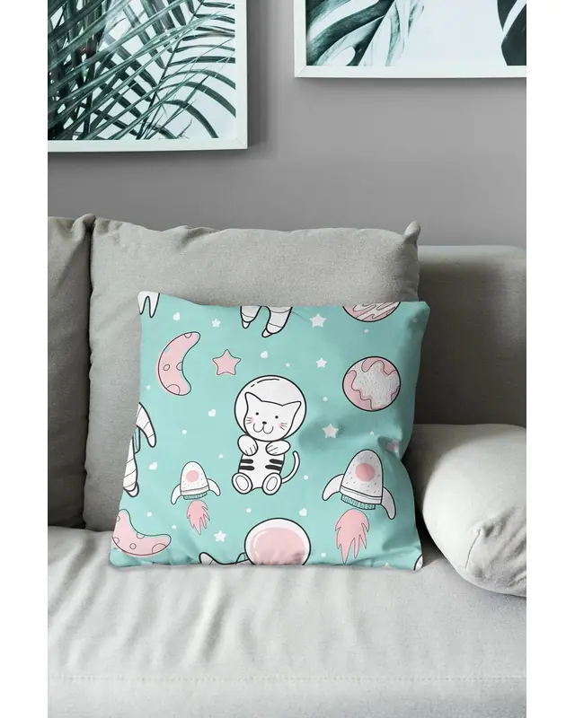 2'li Astronaut Cat Pattern Double-Sided Printed Suede Cushion Cover Set - 7