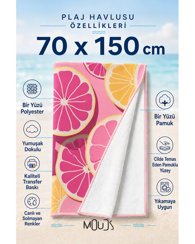 Dijital Baskılı 70x150cm Pembe Greyfurt Desenli Plaj Havlusu - Banyo Havlusu - Deniz Havlusu - 2