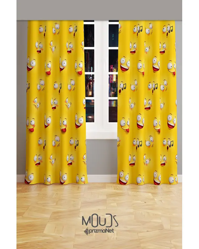 Yellow Emoji Patterned Decorative Curtain Teen Room Living Room Printed Suede Pencil Pleat Off - Set of 2 Panels - PRD-2014 - 2